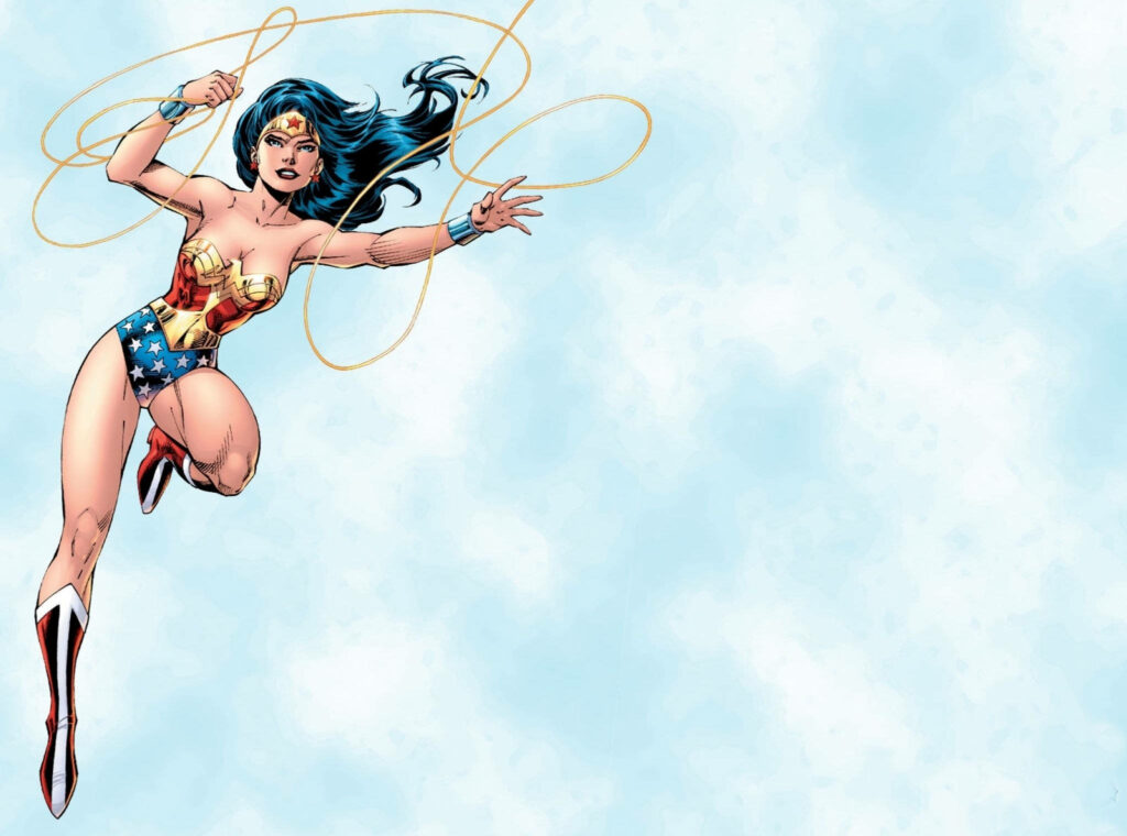 Wonder Woman in iconic costume wielding powerful lasso against bright cloud-filled sky wallpaper