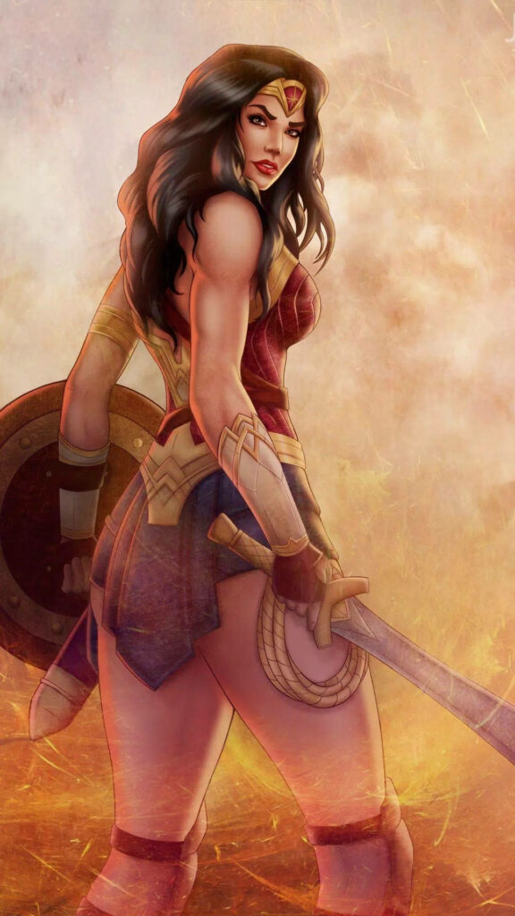 Wonder Woman stands strong with sword shield amid swirling flames dynamic superhero wallpaper background