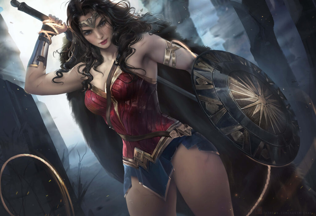 Wonder Woman in dynamic pose with sword and shield showing strength and determination wallpaper