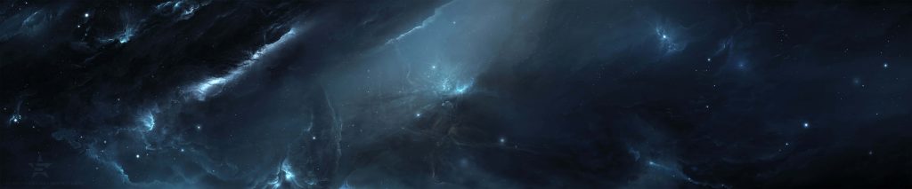 Ultrawide digital art wallpaper of glowing blue nebulae and stars in a serene outer space vista