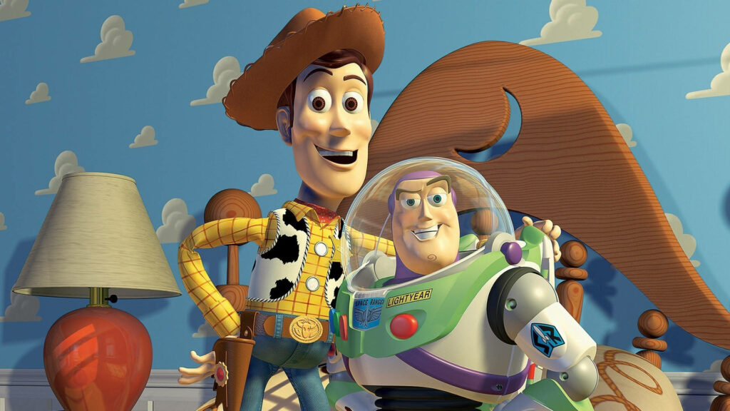 Cheerful Toy Story Wallpaper: Woody & Buzz's Vibrant Friendship
