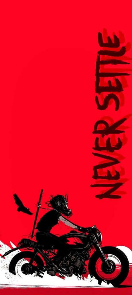 Dynamic Red Wallpaper with Vertical 'Never Settle' Motto, Complemented by a Motorcycle Rider
