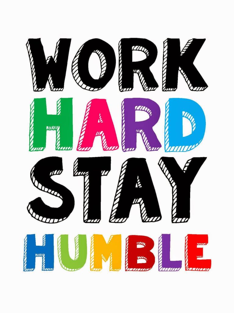 Colorful Work Hard Stay Humble quote wallpaper with vibrant sketch-style typography on white background