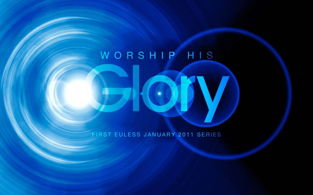 Worship His Glory church slide wallpaper with deep blue tones glowing lens flare abstract light effects