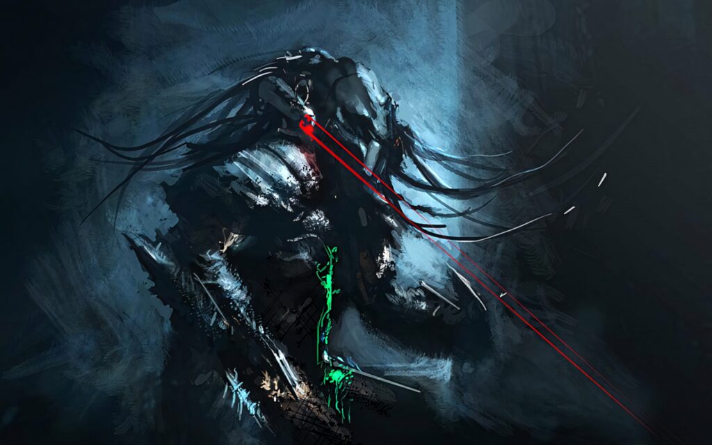 Wounded Predator glowing green with red laser sights stalking prey in dark atmospheric wallpaper