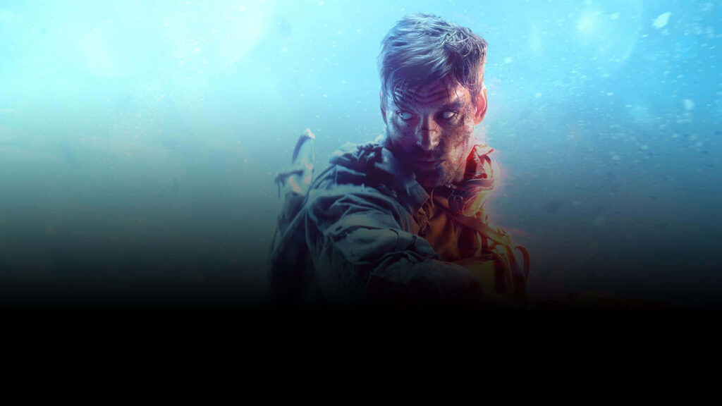 Valor Amidst the Battleground: A Gripping Wounded Character Portrait on a Serene Blue Canvas Wallpaper