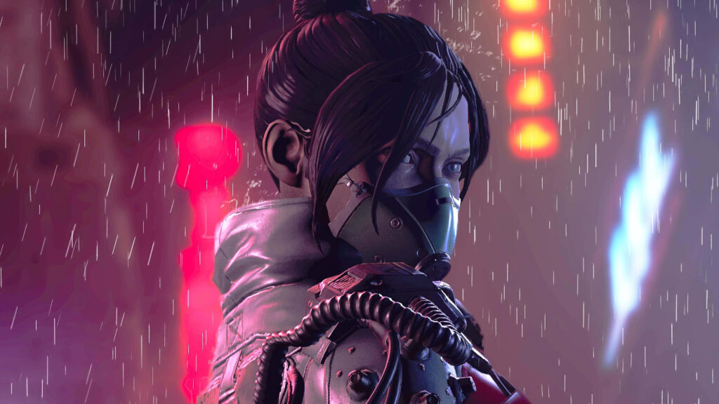 Wraith from Apex Legends in rain with neon lights intense determined expression wallpaper