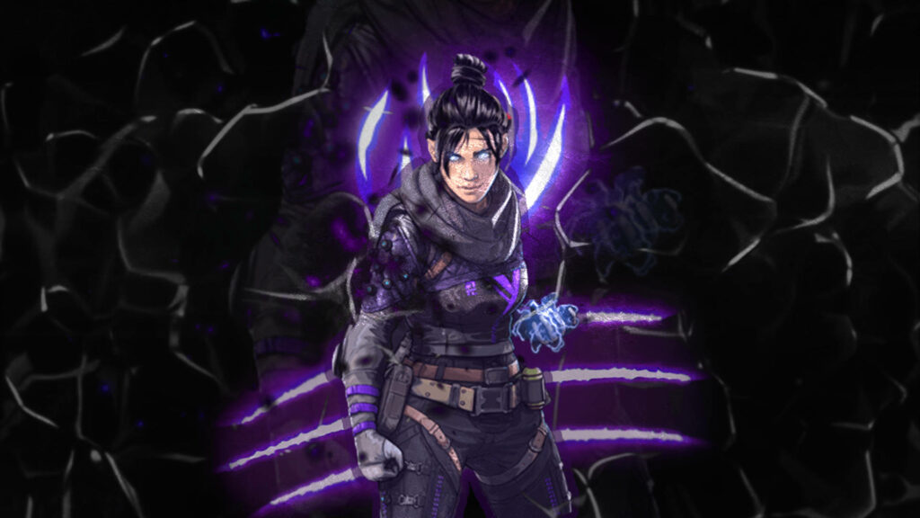 Wraith from Apex Legends glowing purple energy dark intense background action wallpaper