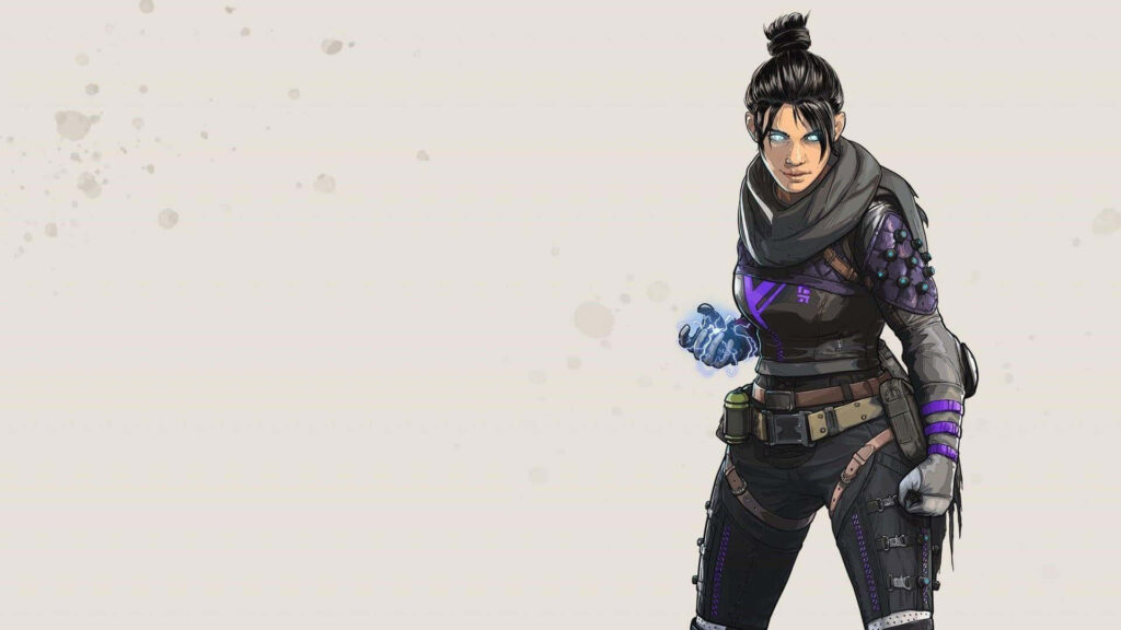 Wraith from Apex Legends with glowing blue eyes and tactical gear on light wallpaper background