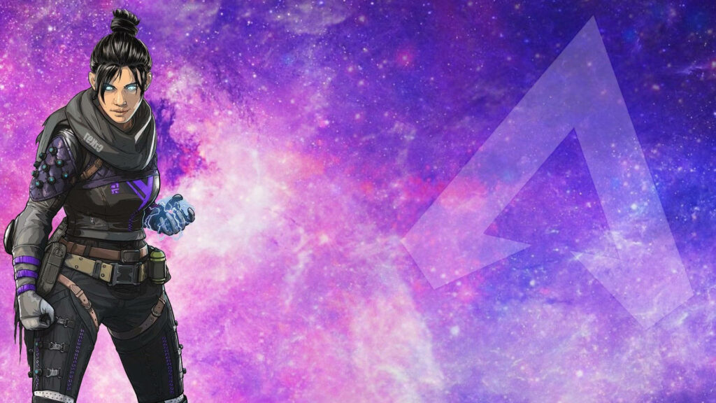 Wraith from Apex Legends stands against vibrant purple galaxy background with Apex Legends logo Wallpaper