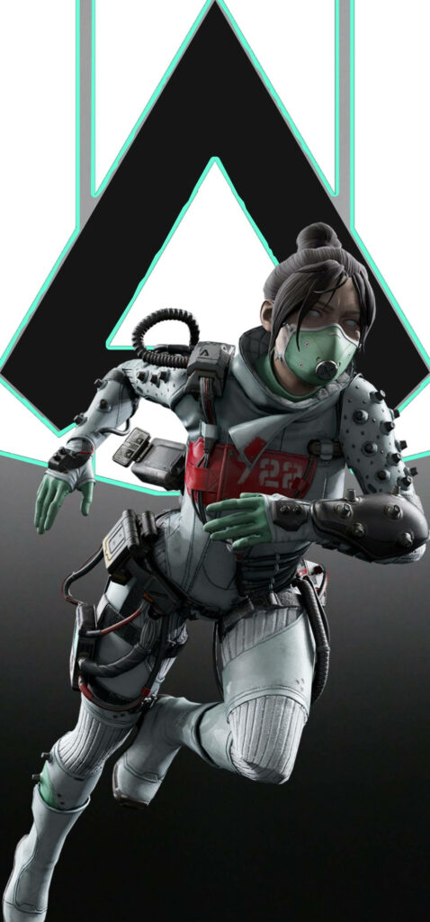 Wraith Quarantine 722 in futuristic suit and mask against bold geometric background wallpaper