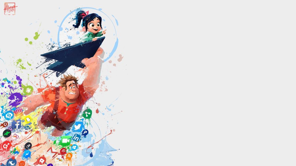 Digital art of Wreck-It Ralph lifting Vanellope with social media icons and paint splatters Wallpaper