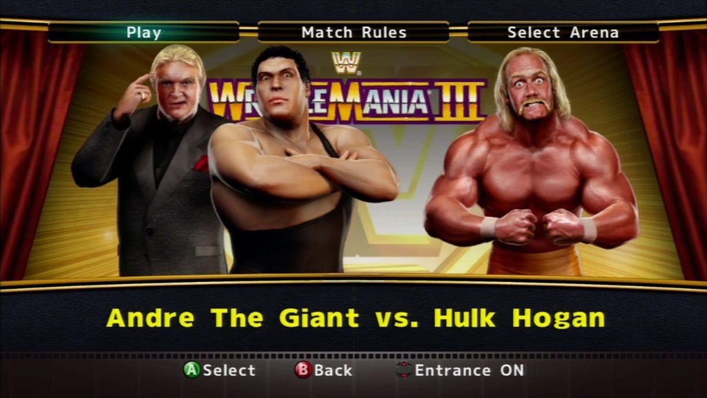 WrestleMania III WWE game menu wallpaper with CGI Bobby Heenan André the Giant Hulk Hogan