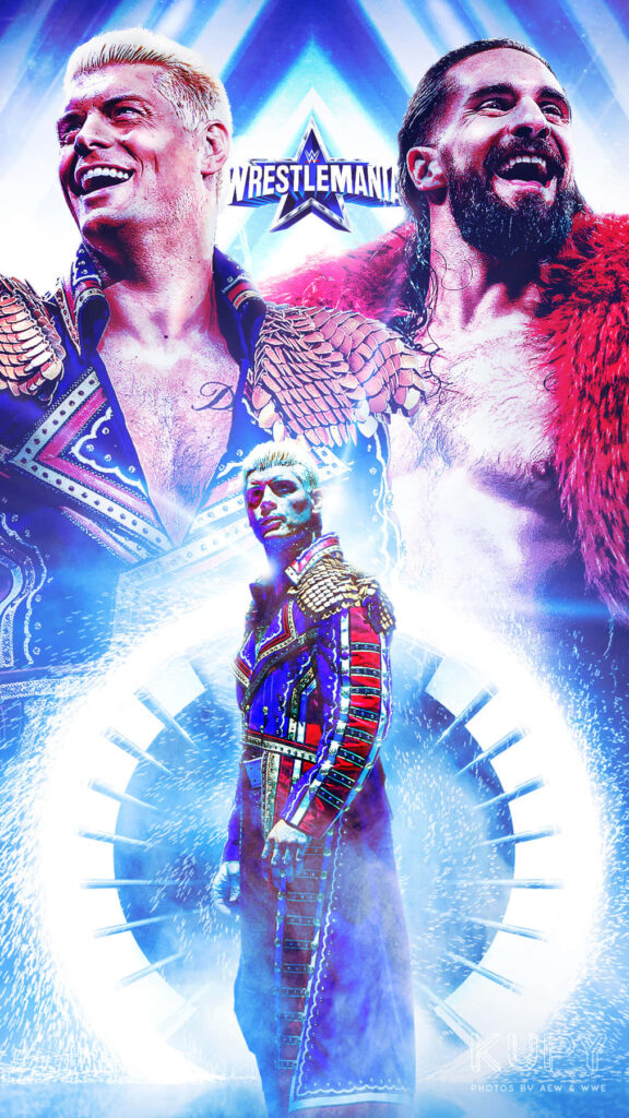 Wrestlemania wallpaper with Cody Rhodes and Seth Rollins in dynamic blue white lighting background