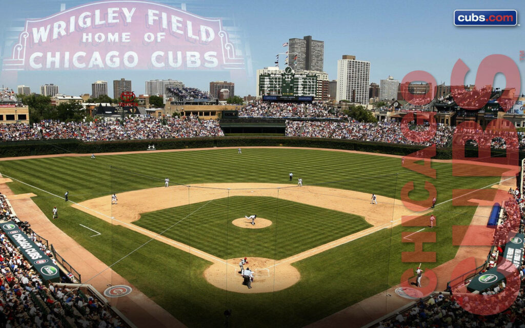 Panoramic Wrigley Field wallpaper showing Chicago Cubs green diamond city skyline classic ballpark