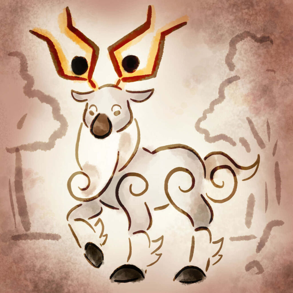 Stylized Wyrdeer wallpaper in traditional Eastern art with flowing lines and earthy nature tones