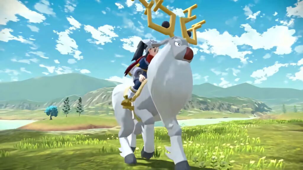 Character riding Wyrdeer across green meadow with mountains and blue sky wallpaper background