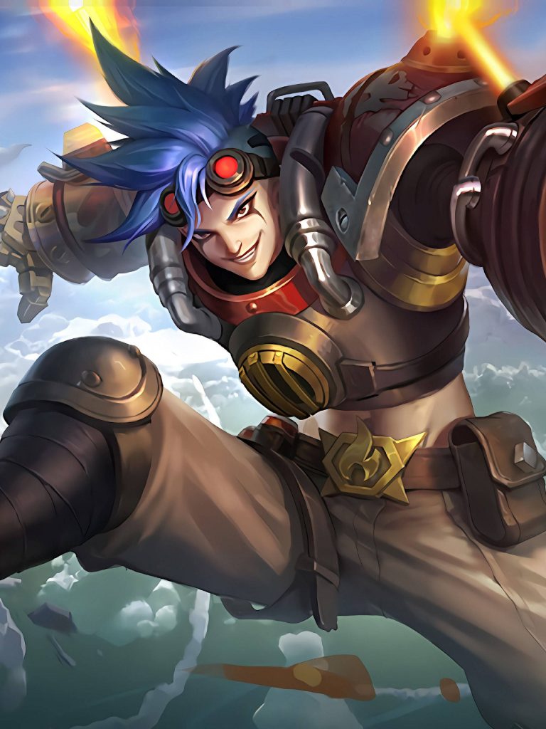 X.Borg Mobile Legends digital art wallpaper with mechanical armor fiery effects vibrant sky