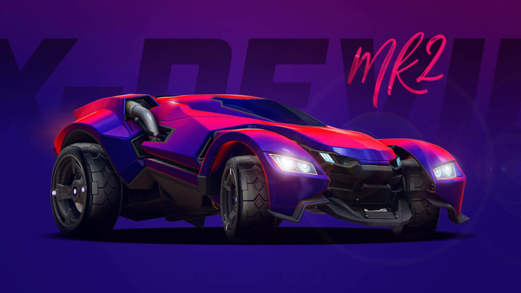 Accelerating in Style: X-Devil Mk 2 Soars Amidst Vibrant Pink and Purple Gradient Background in Rocket League Wallpaper