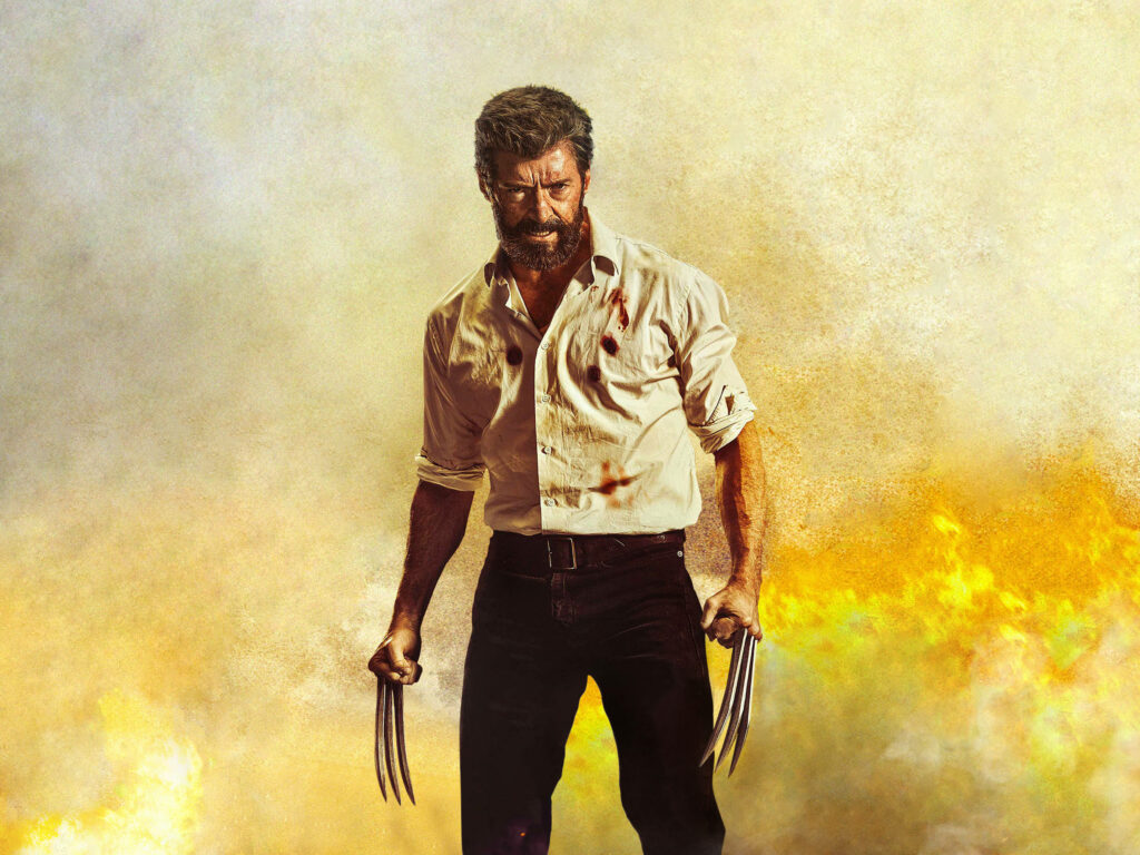 Fierce Hugh Jackman as Wolverine: Dramatic Fire Wallpaper Background