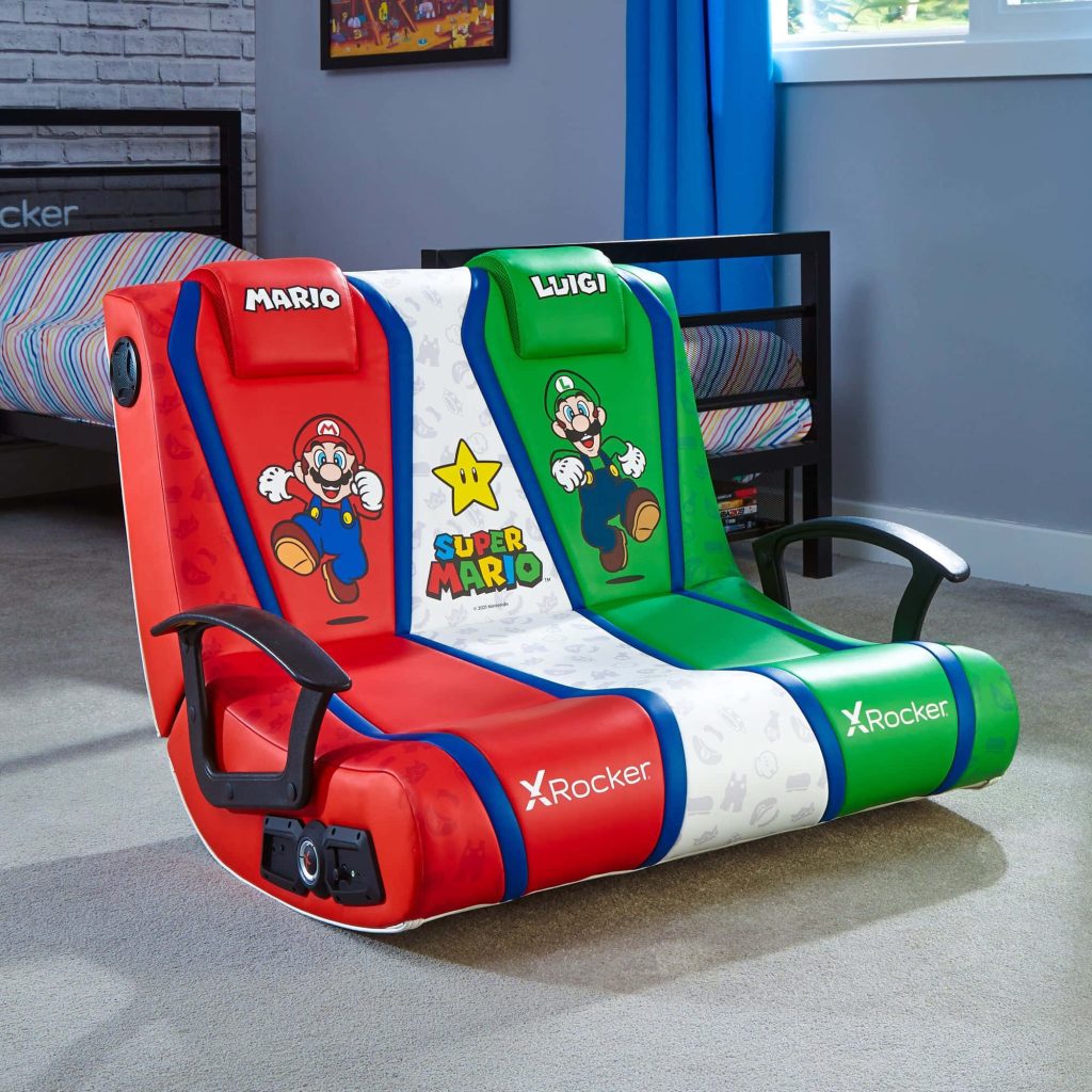 X Rocker Super Mario dual gaming chair with vibrant Mario Luigi design and built-in speakers Wallpaper