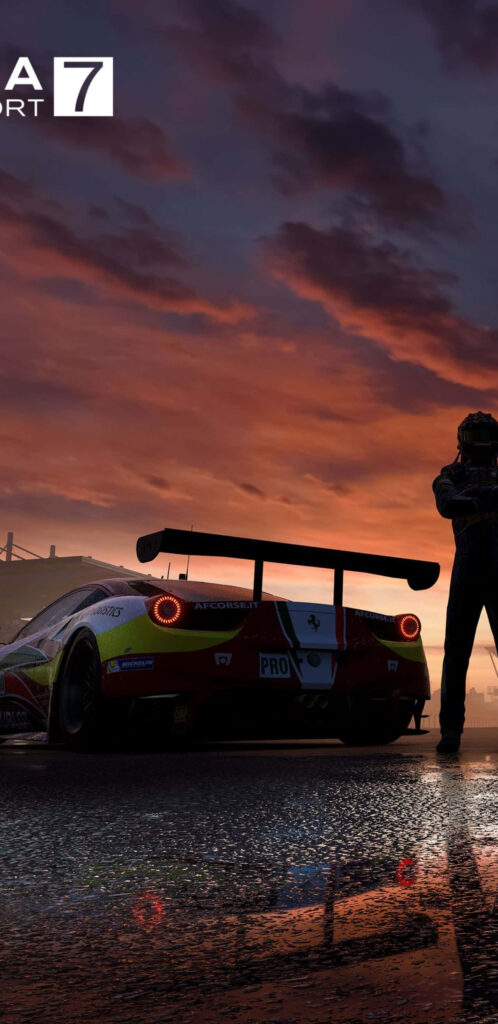 Vibrant Forza Motorsport 7 Wallpaper: Twilight Racing Car Silhouette on Wet Asphalt