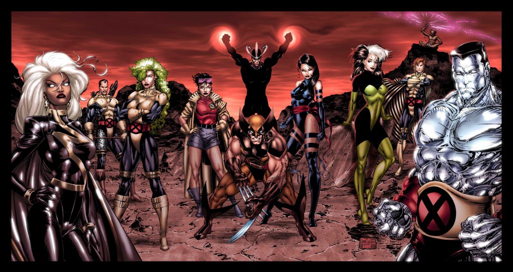 X-Men wallpaper with Wolverine Storm Colossus and Rogue on rocky landscape under red sky