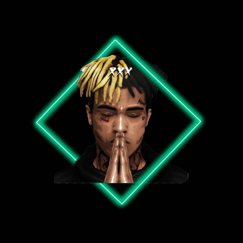 XXXTentacion digital bust with blonde black dreads in neon green diamond frame wallpaper background