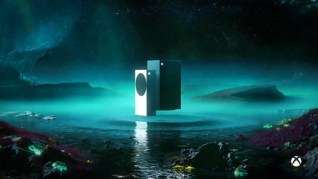 A Majestic Evening: Xbox Series X Console Illuminating the Enchanted Seascape Under a Stellar Night Sky Wallpaper