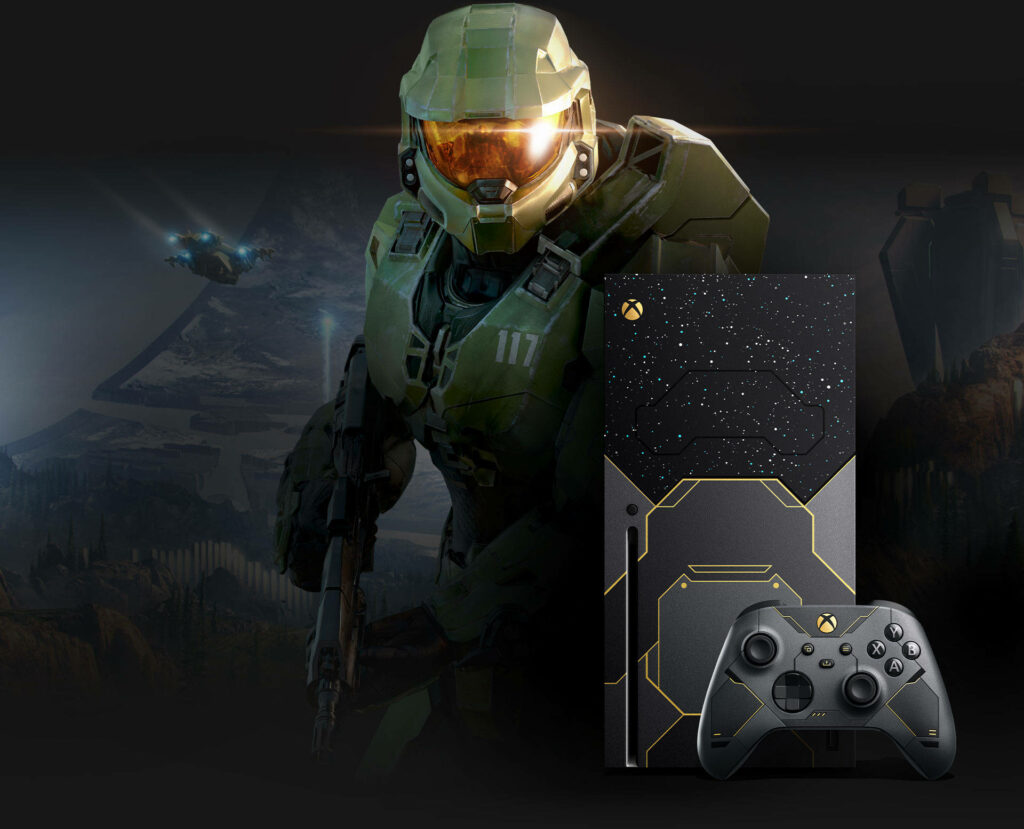Halo Infinite Special Edition Xbox Series X Bundle: The Ultimate Gaming Package Showcased with a Captivating Backdrop Wallpaper