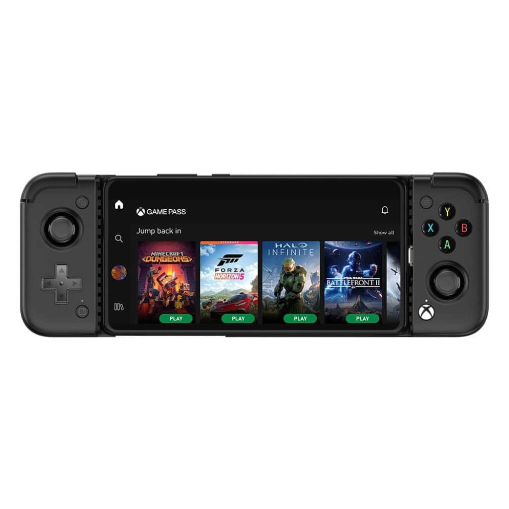 Xbox-style mobile controller attached to smartphone displaying Halo Infinite on Game Pass library wallpaper