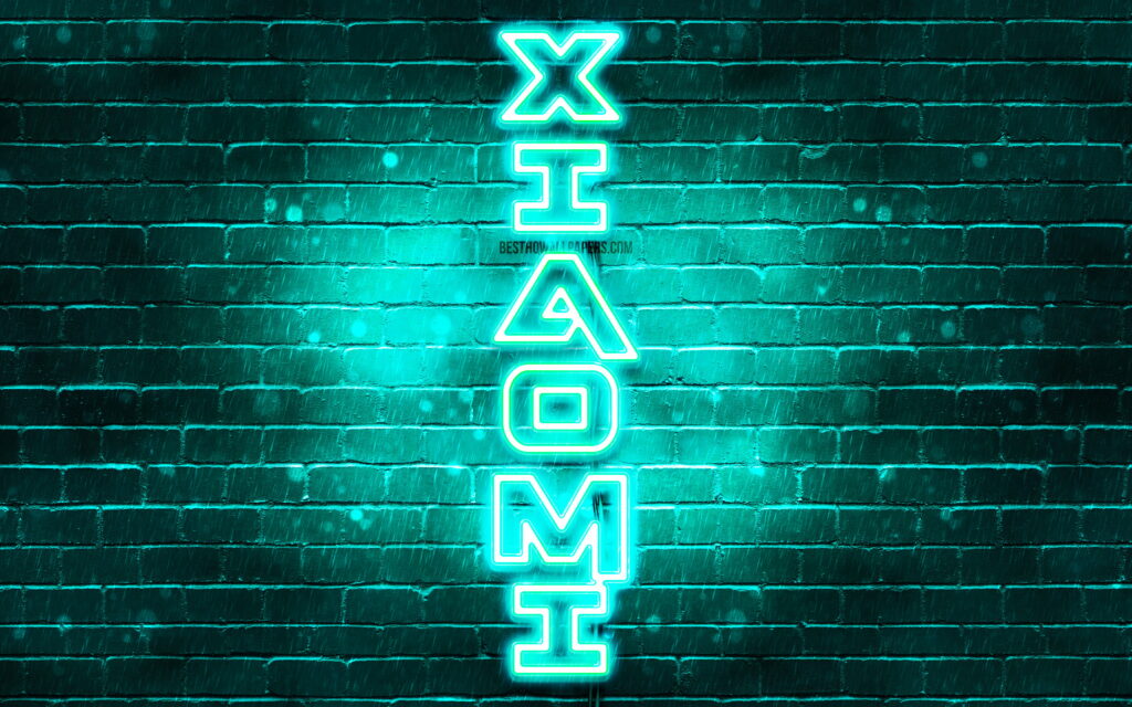 Xiaomi: Vibrant Turquoise Logo Illuminates Creative Brickwall Artwork in HD Wallpaper