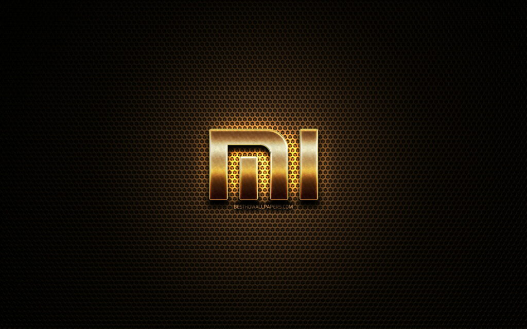 Xiaomi Mi logo gold metallic on dark hexagonal grid modern high tech wallpaper background