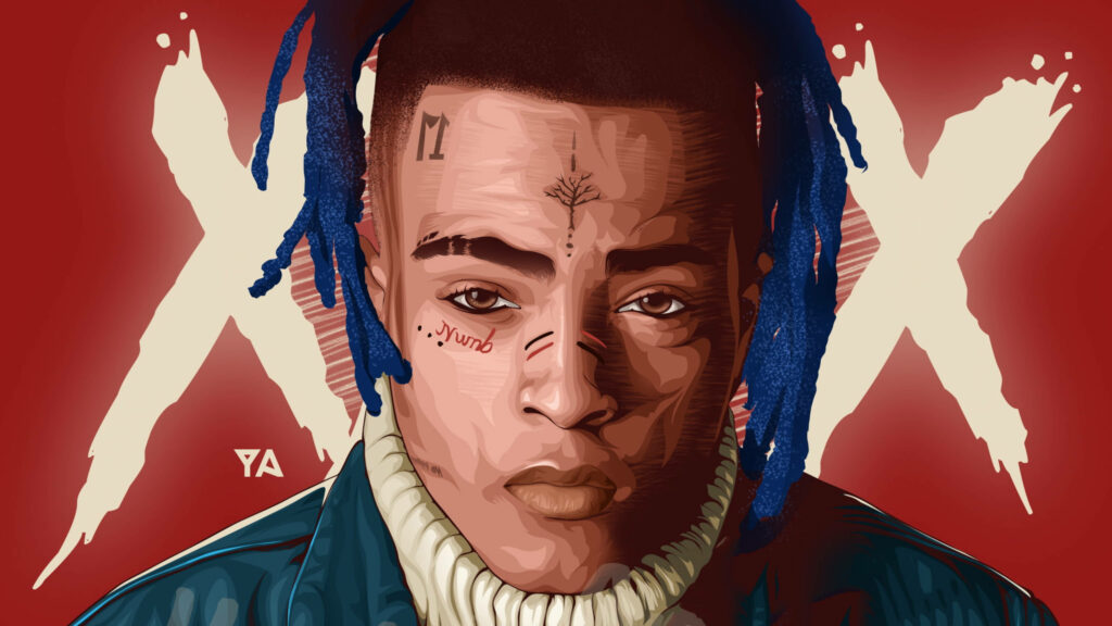 Stylized digital illustration of rapper XXXTENTACION with blue dreadlocks and face tattoos Wallpaper