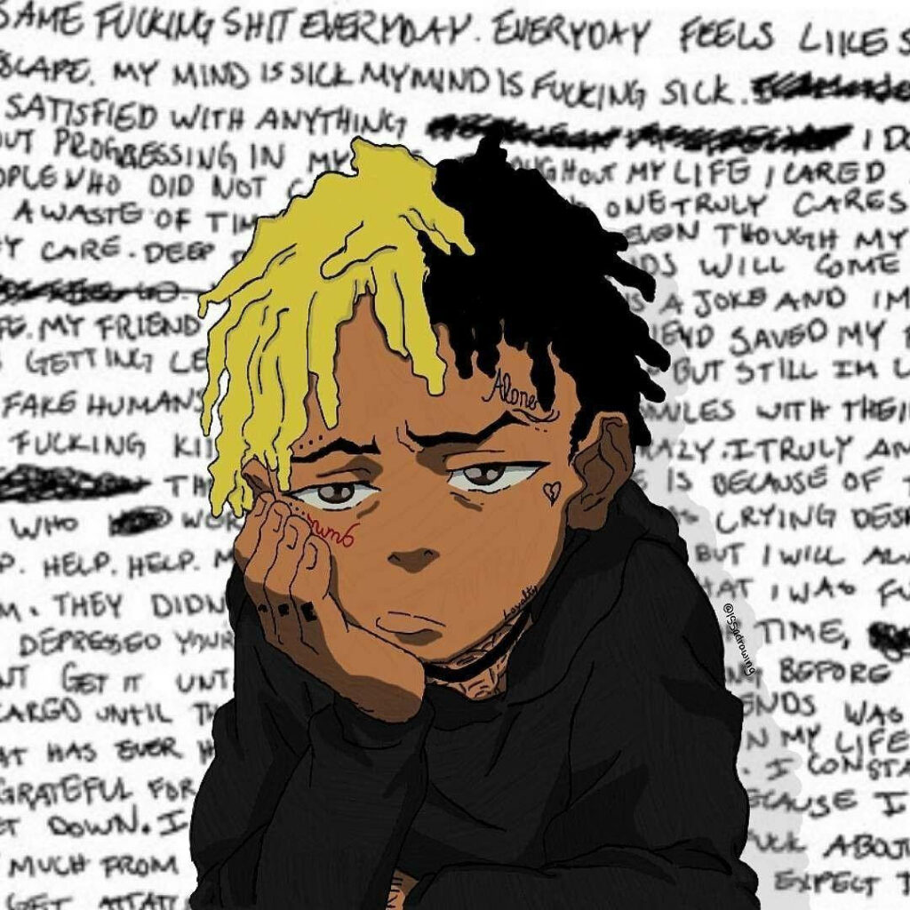 Thoughtful Xxxtentacion: A Playful Cartoon Portrait Against a Handwritten Backdrop Wallpaper