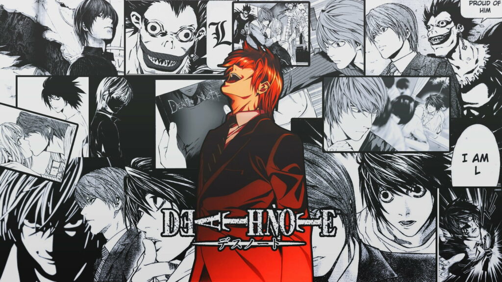 Death Note wallpaper with black and white manga collage and vibrant colored Light Yagami center
