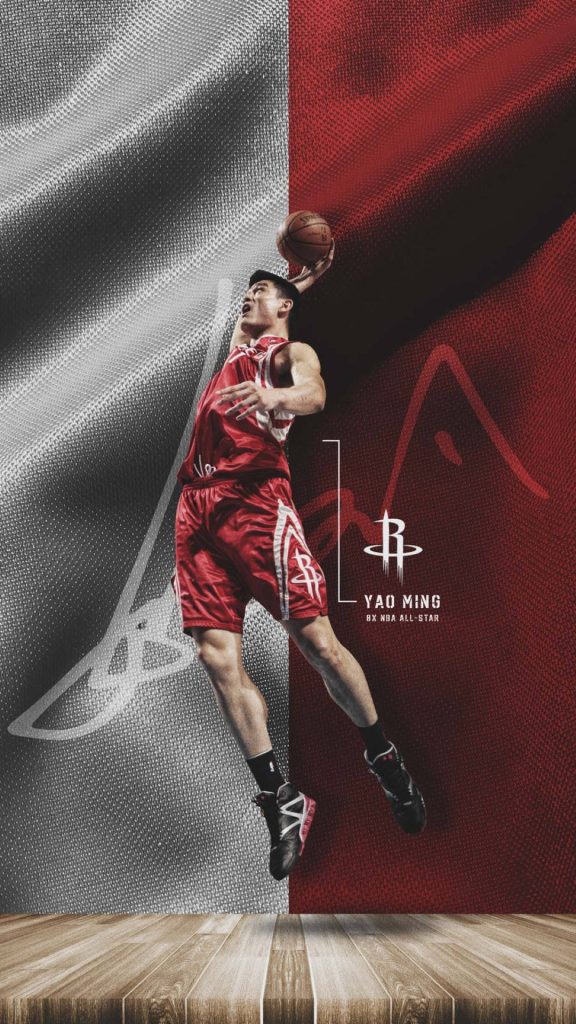 Yao Ming dunking in red Rockets jersey with metallic silver red fabric and wooden court backdrop Wallpaper