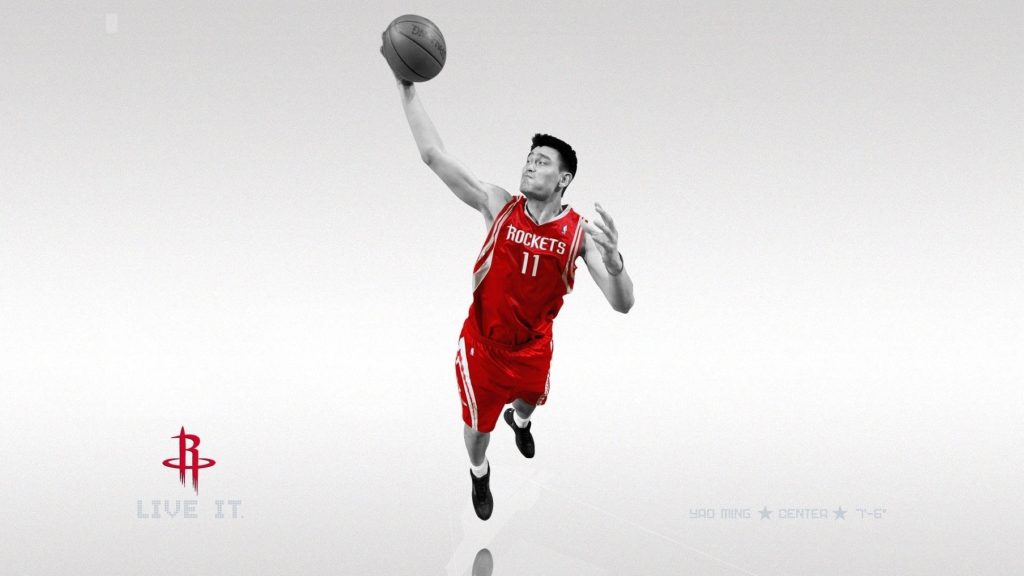 Yao Ming Houston Rockets red jersey number 11 high contrast mid-air basketball action wallpaper