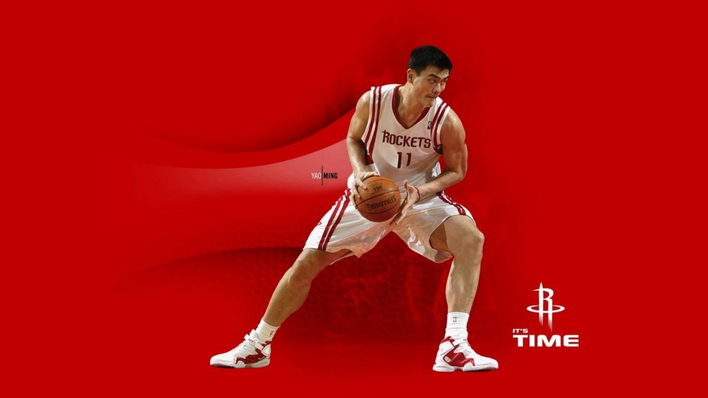Yao Ming Houston Rockets No 11 jersey holding basketball red background Rockets logo wallpaper
