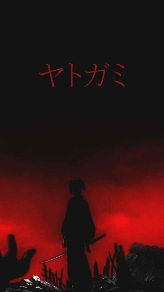 Yatogami - Surreal Anime Art with Dark Aesthetic and Vivid Red Katakana Wallpaper