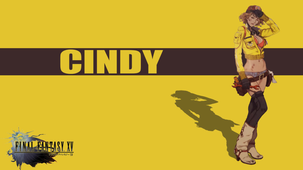 Revving Up in Style: FF 15's Iconic Cindy on a Vibrant Yellow Desktop Wallpaper