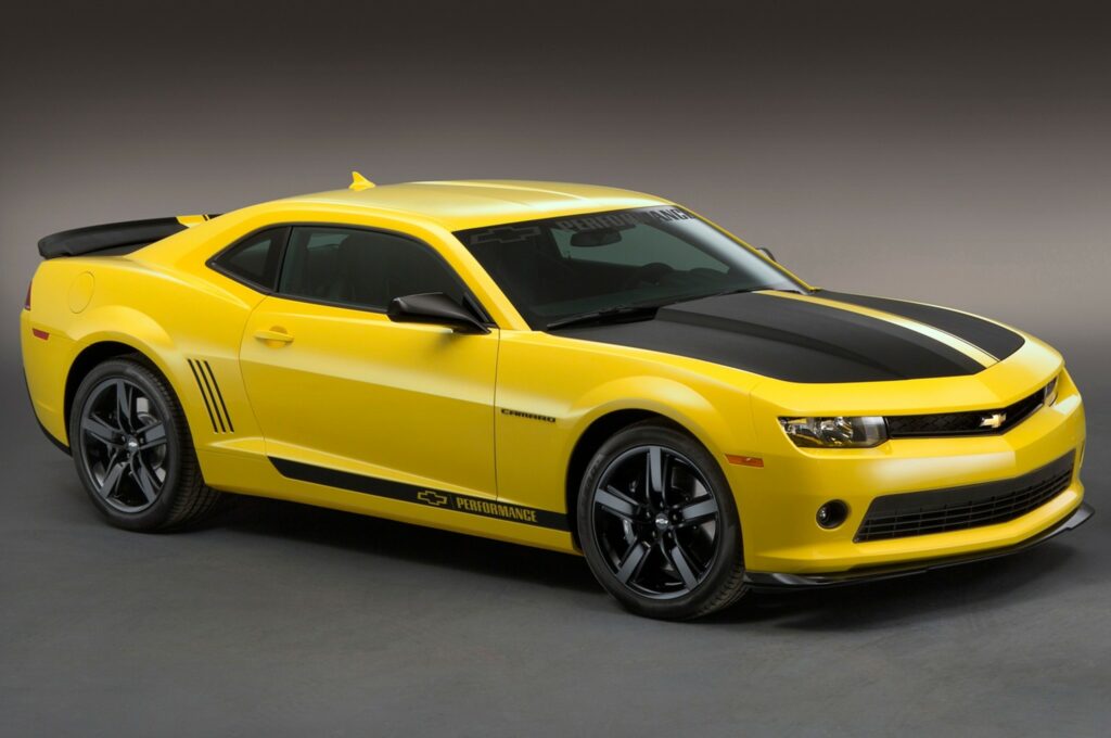 Sleek Yellow Camaro with Black Stripe - V-6 Performance Wallpaper