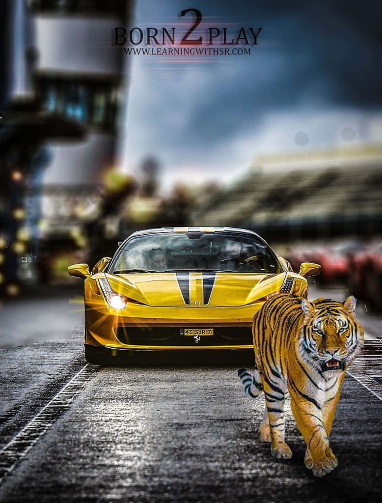 Yellow Ferrari sports car and Bengal tiger on racetrack vibrant luxury speed wallpaper background
