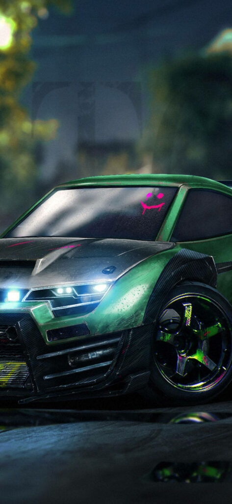 Dominus Cruiser: A Mesmerizing Rocket League Wallpaper Showcasing a Vivid Yellow-Green Machine Amidst Enchanting, Misty Woodlands