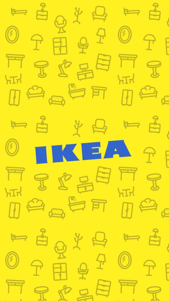 Yellow wallpaper with blue IKEA logo and white minimalist furniture icons pattern background