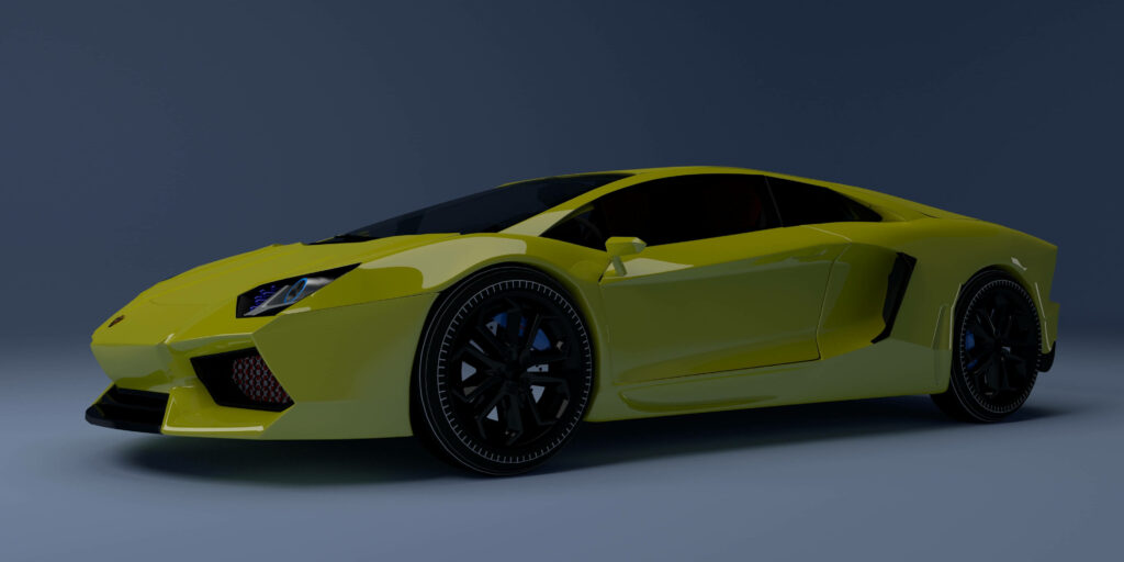 Yellow Lamborghini sports car 3D render sleek design modern aesthetics dark background wallpaper