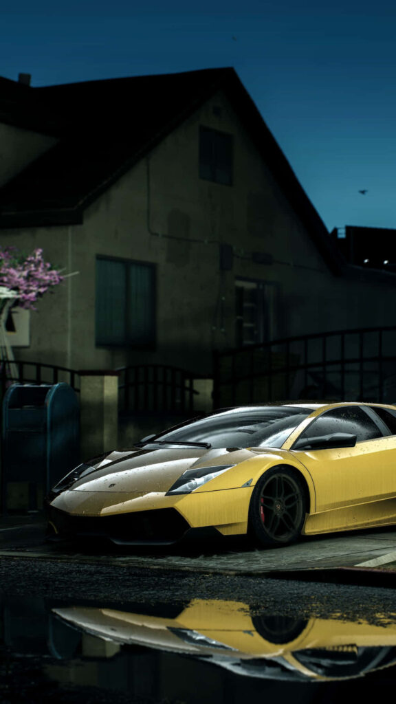 Yellow Lamborghini Aventador from Need For Speed Payback parked at night with streetlight reflection Wallpaper