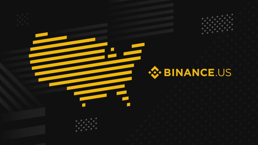 Stylized yellow USA map with horizontal lines and Binance US logo on dark background wallpaper