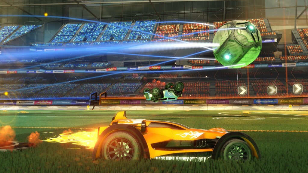 Intense Rocket League Showdown: Yellow vs. Green Car Battling for Soccer Supremacy on a Vast Arena Wallpaper