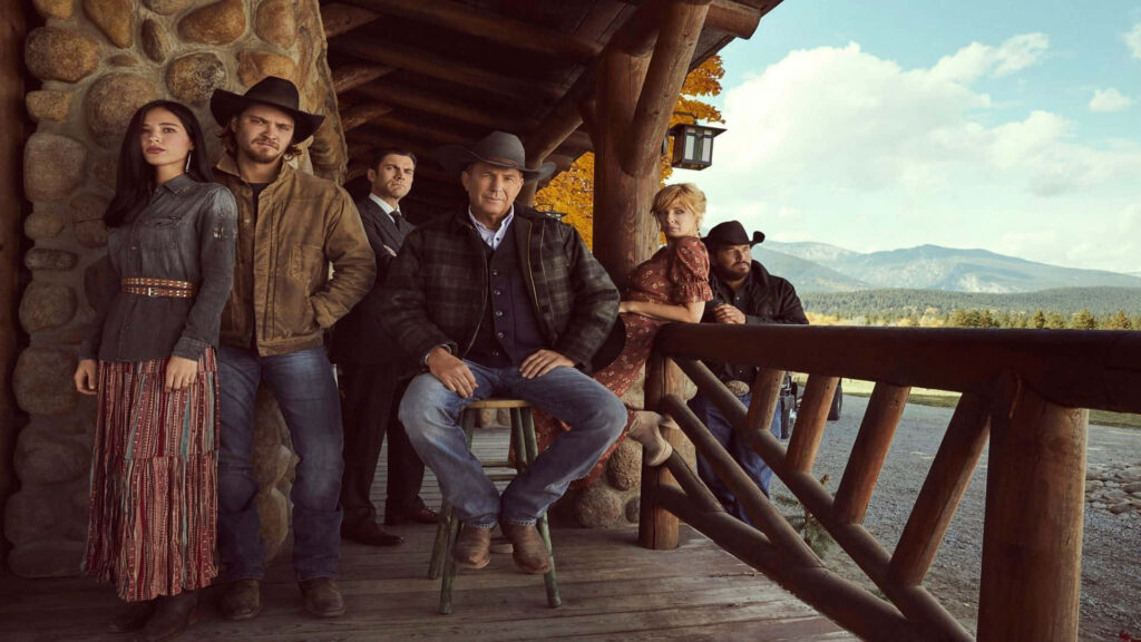 Yellowstone Main Characters Portrait: Rustic Porch & Mountain Wallpaper